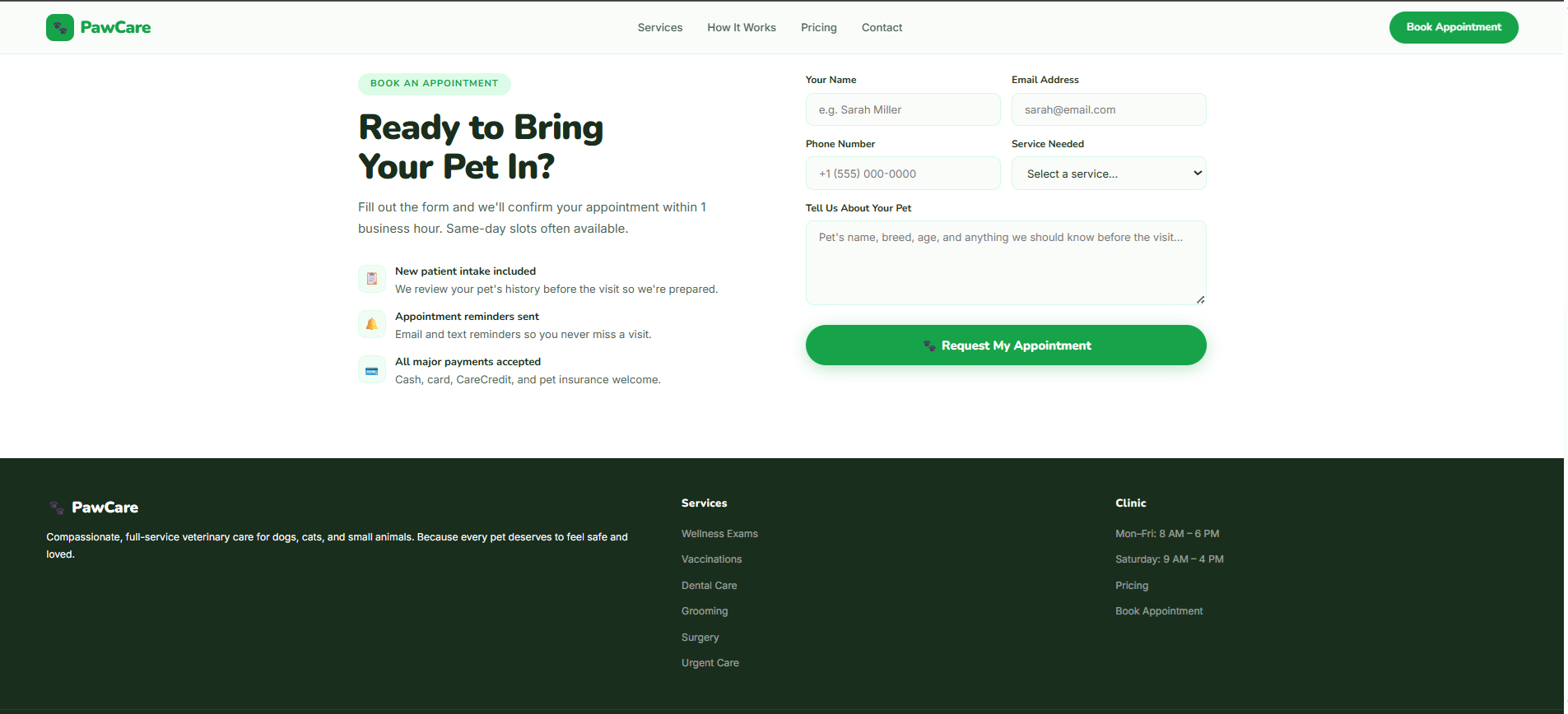 PawCare Booking Form & Footer